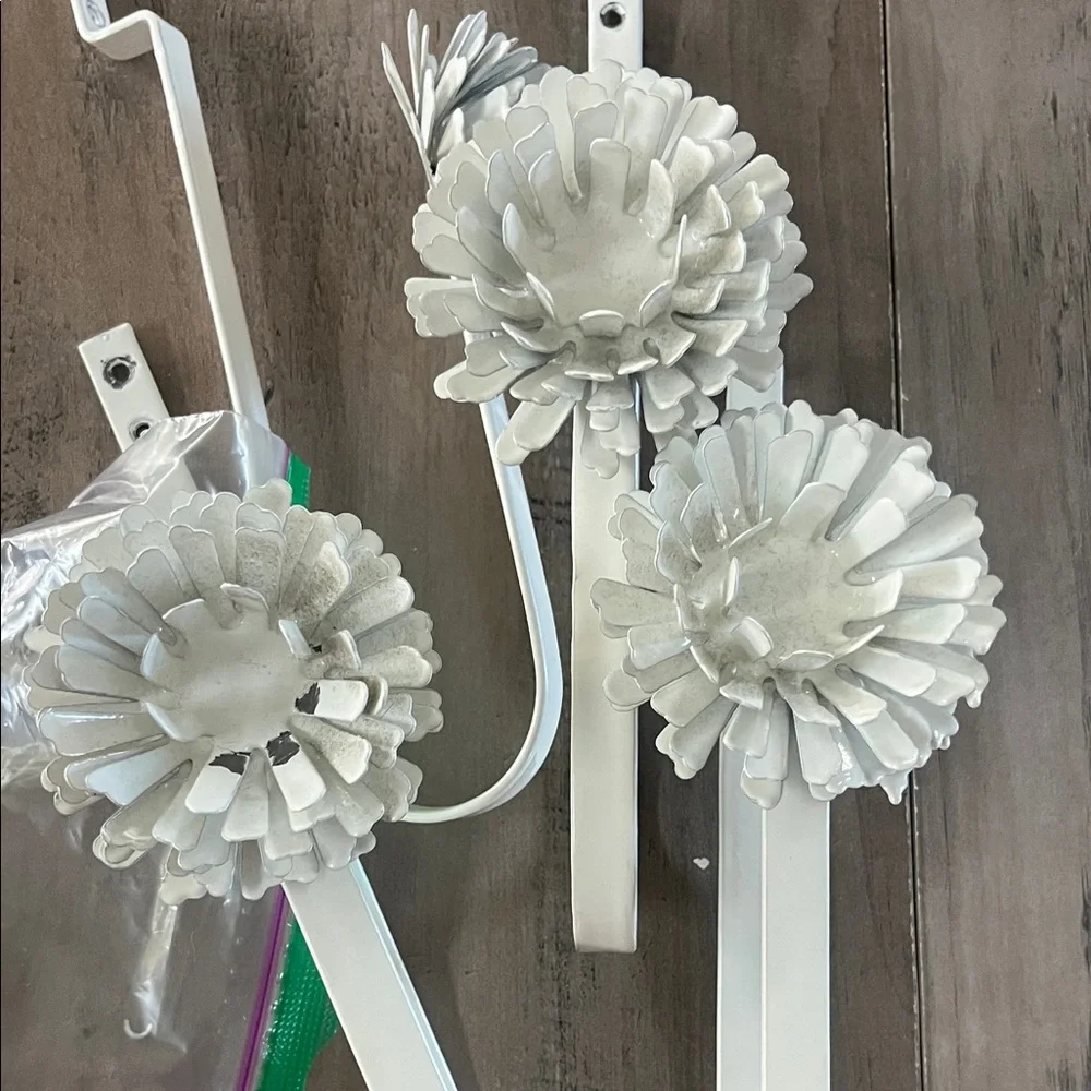 Set of Four White Metal Curtain Tie Back Hooks with Floral Design